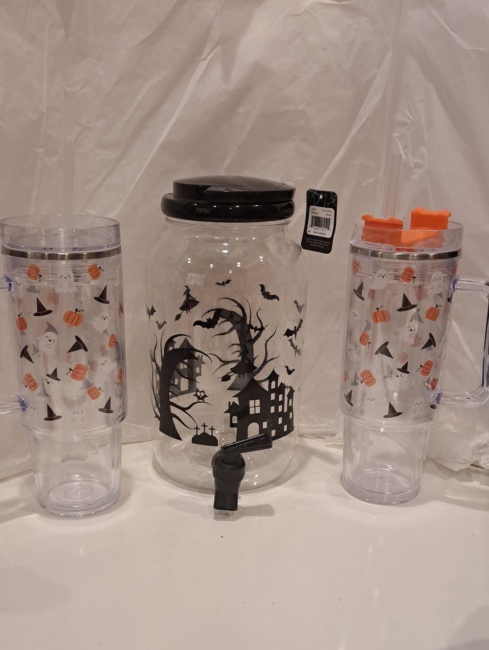 Lot NWT 3 Pc HALLOWEEN 2 Heavy Plastic Tumblers,plastic 122oz Drink Dispenser.